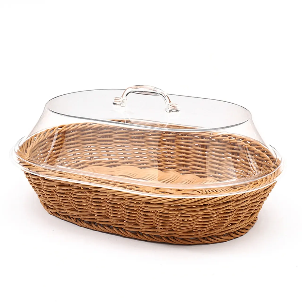Classic Woven Bread Basket with Clear Acrylic Lid, Durable Washable Food Tray for Kitchen Picnic Home Display, Ideal Storage Organizer, Fruit Basket for Kitchen Counter