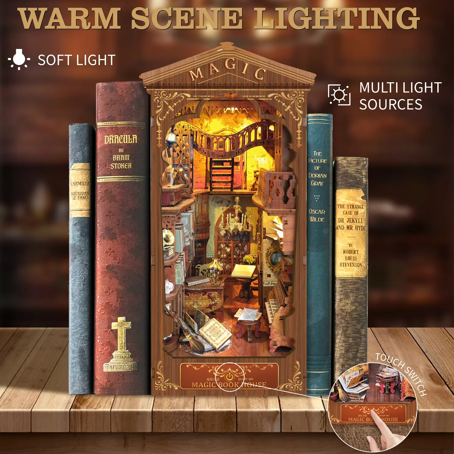 3D Wooden Magic House Booknook Kit - DIY Shelf Insert Stand, Led Light Alley Bookend Decor, Handmade Gifts for Adults (Classic Building Toy Craft)