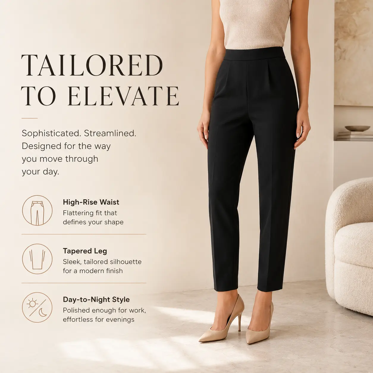 Women's Elastic High Waist Straight Leg Solid Black Ankle Length Elegant Casual Pants - Soft Minimalist Basic Womenswear Bottoms for Daily Outfits, Elegance