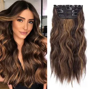 4 Pcs Clip in Hair Extensions, 20 Inches Long Wavy Synthetic Brown Hair Extensions Clip in, for Women and Girls (Color: Dark Brown with Light Brown Highlights)