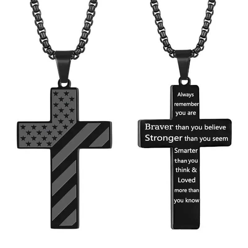 Hip Hop Cross Necklace for Men Women – Double-Sided Cross Pendant with Bible Verse & American Flag, Titanium Steel, Gift for Him Her Son Daughter, Father’s Day Gift