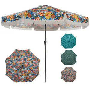 10ft Boho Fringe Patio Umbrella, UPF 50+ UV Protection Outdoor Umbrella with Handmade Tassel Scalloped Edge, Push Button Tilt & Crank Lift, 8 Fiberglass Ribs Wind Resistant Market Umbrella for Patio Garden Poolside
