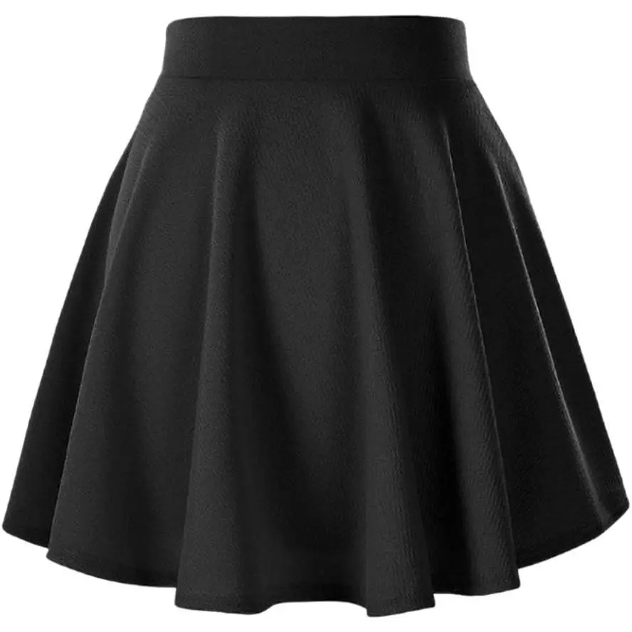 Women's Casual Black Flared Pleated Skater Mini Skirt - Stretch Fabric, Elastic Waist, Flared Skirt, Mini Length