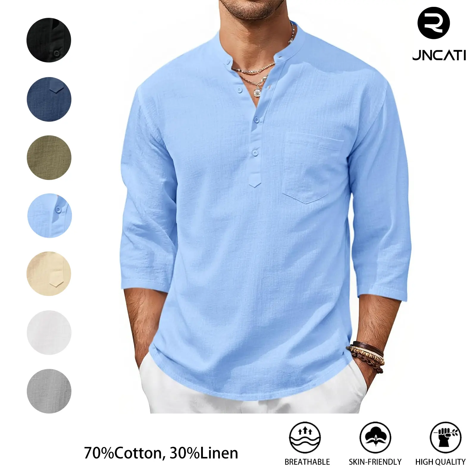 Runcati Mens Casual Henley Shirts 3/4 Sleeve Band Collar Cotton Linen Shirt Summer Beach Hippie T-Shirts with Pocket