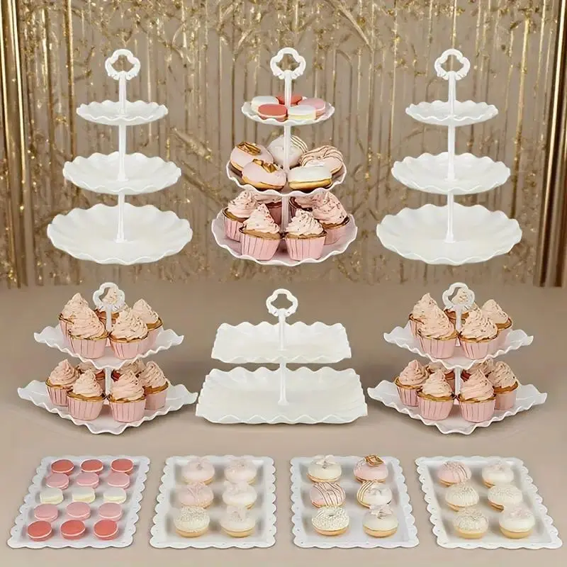 5 Piece Dessert Table Display Set with 2xLarge 3-Tier Cake Stand/Cupcake Stands, 3X Appetizer Trays Perfect for Wedding Birthday Baby Shower Tea Party Halloween candy, Christmas party