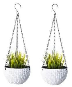 White and Woven Pattern Self-Watering Hanging Planters for Indoor/ Outdoor, 2 Packs 8 Inch Hanging Baskets with 3 Hooks and  Drainage Holes Hanging Flower Pot for Garden Home