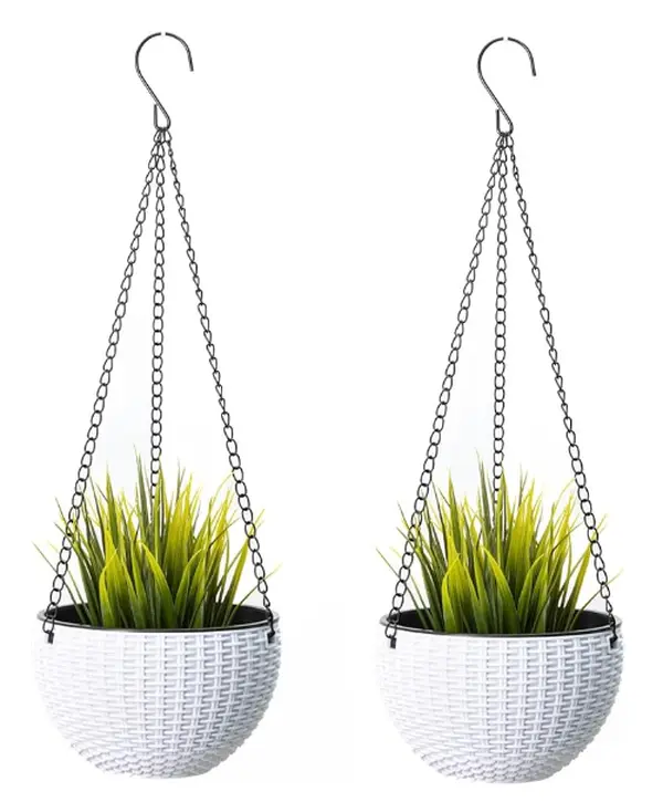 White and Woven Pattern Self-Watering Hanging Planters for Indoor/ Outdoor, 2 Packs 8 Inch Hanging Baskets with 3 Hooks and  Drainage Holes Hanging Flower Pot for Garden Home