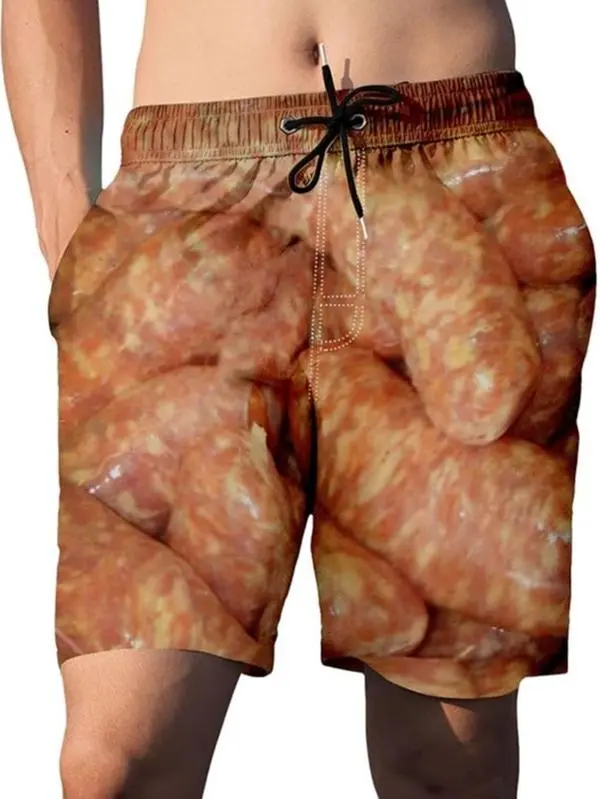 Mens Swim Shorts, Sausage Print Swimming Shorts, Funny Summer Beach, Short Pants with Drawstring Creative Printing, Casual Short Pants Swimming Trunks