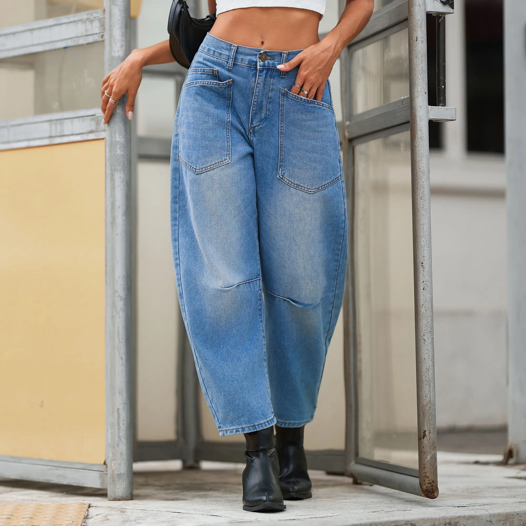 Imily Bela Womens Baggy Barrel Jeans Boyfriend High Waisted Wide Leg Cropped Ankle Denim Pants