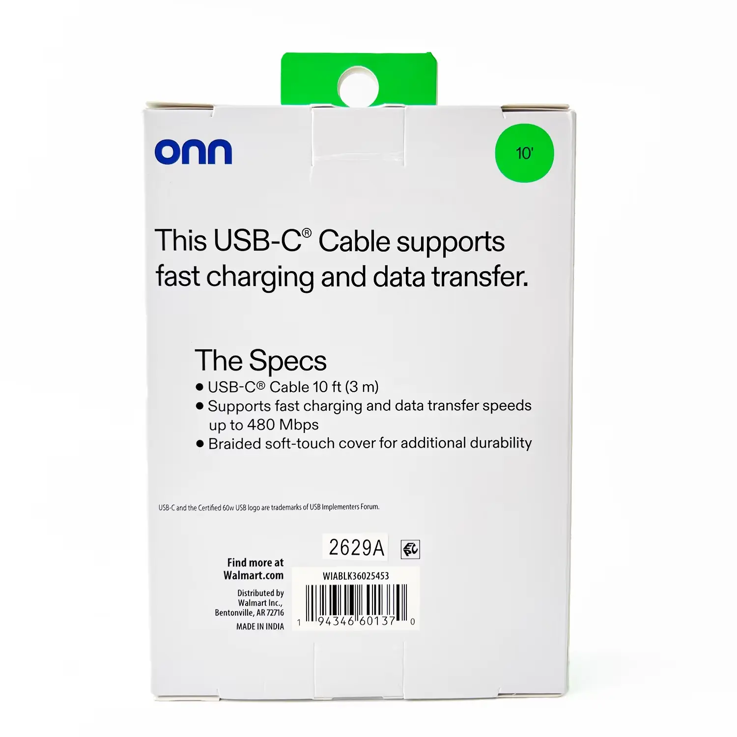 Onn 10Ft USB-C to USB-C Braided Charging Cable, USB-IF Certified, Black - Compatible with Iphone, Samsung, Pixel, Ipad Pro onn
