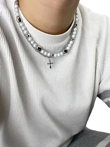 Men's Punk Style Faux Pearl Decorated Cross Pendant Necklace, 1 Piece Casual Matching Trendy Layered Necklace, Fashion Accessories for Party & Daily Wear Beaded Necklace Faux Pearl Jewelry