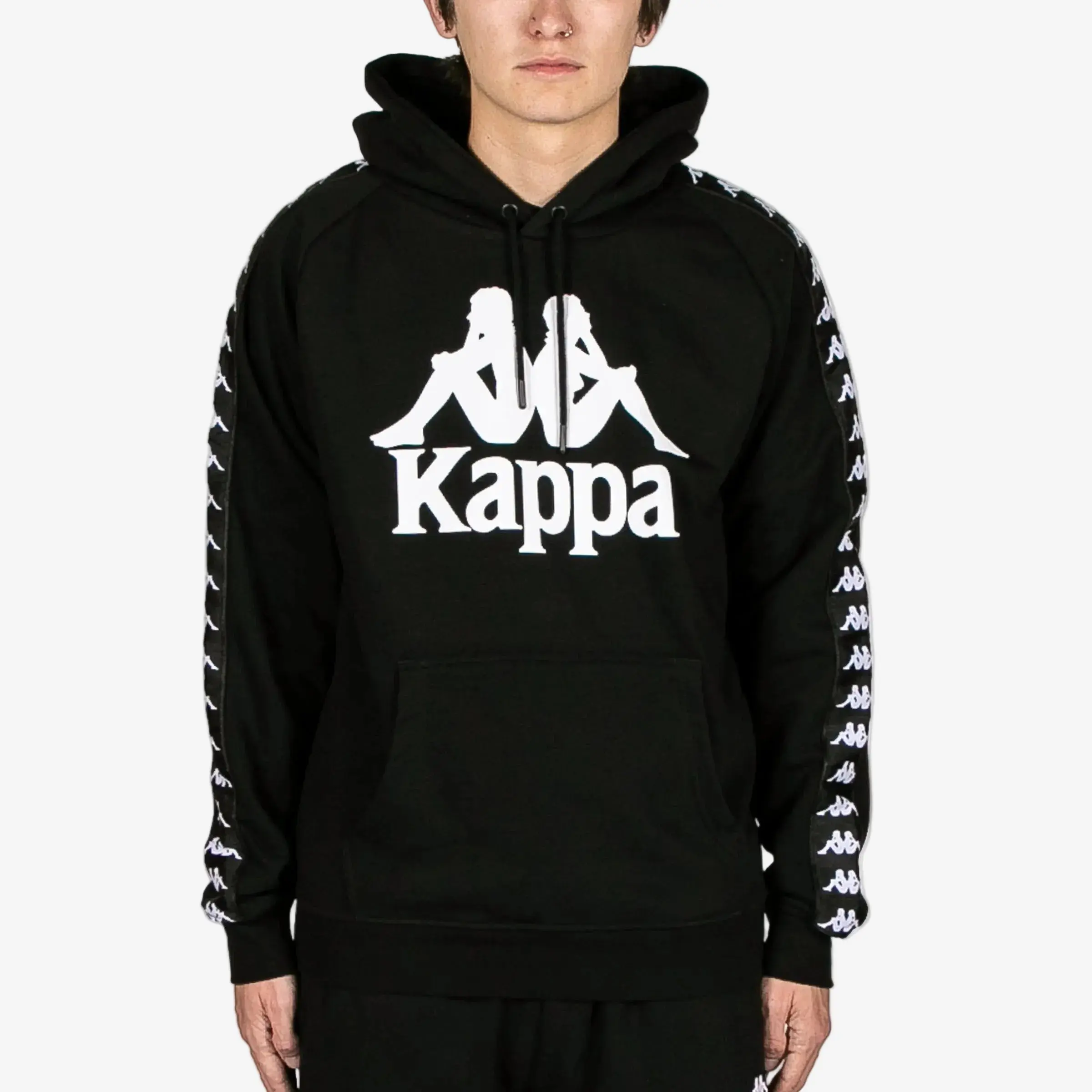 222 Banda Hurtado Pullover Hoodie - Black White, Long Sleeve Tops with Kangaroo Pocket