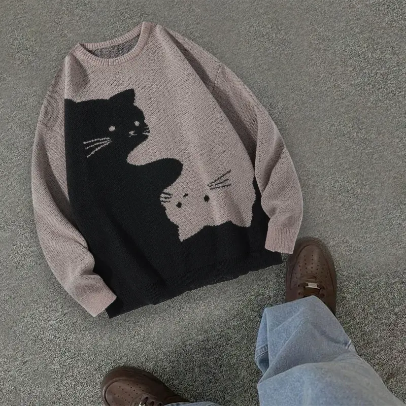 New Autumn and Winter Sweaters For Both Men and Women With A Cat Pattern and A Round Neck Knit Sweater For Casual Wear A Tie Up Sweater A Fashionable College Style Warm Base Sweater Womenswear Colorful