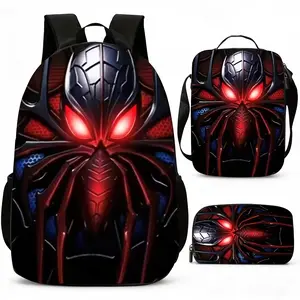 Dark Spider Superhero 3-Piece Backpack Set, Glowing Eyes Print School Bag + Lunch Bag + Pencil Case, Oxford Cloth Adjustable Strap Daypack for Fans & Kids