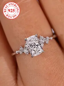 S925 Sterling Silver Ring, Long Rectangle Geometric Design, Art Deco Engagement Ring, Small Round Edge Engagement Wedding Band, Includes Box