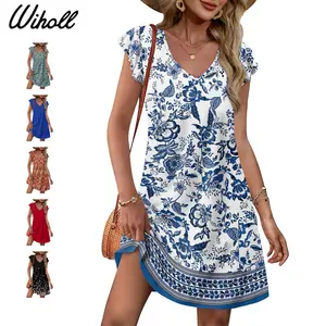 WIHOLL Womens Summer Dresses Ruffle Sleeve V Neck Loose Swing Sundresses with Pockets Plain/Print