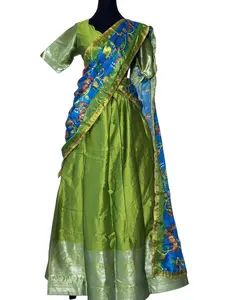 Traditional Half Saree Mangalgiri Kalamkari Printed in Green and Blue with Rich Embroidery and Vibrant Colors