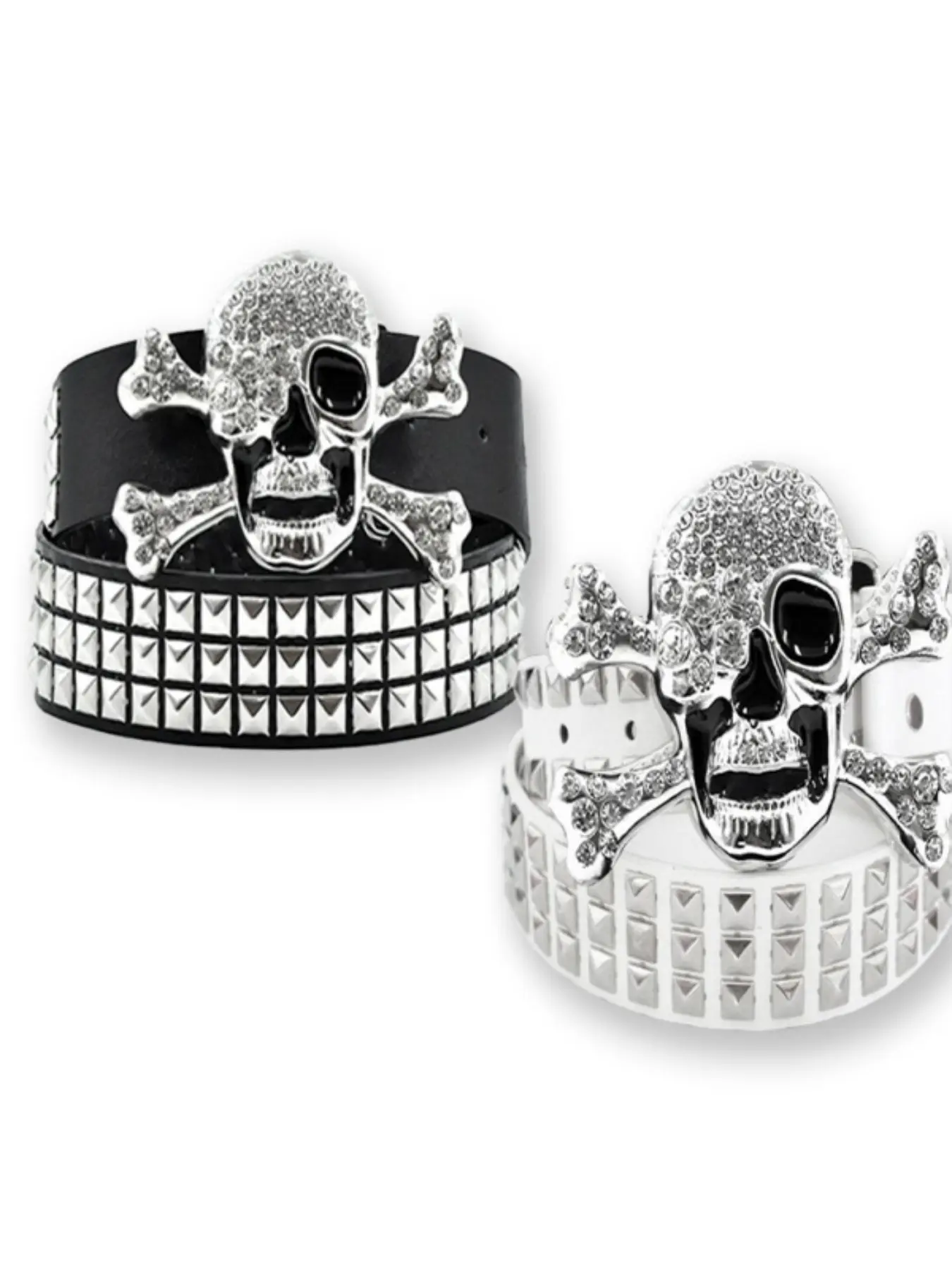 Women's Skull Head Belt with Studs Pyramid Design, Style Beaded Leather Waistband, Punk Fashion All-Season Wear, Studded Belt Buckle