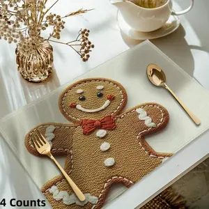 4 Counts Christmas Gingerbread Men Printed Placemat Set, Washable Kitchen Table Decoration, Festive Dining Accessories