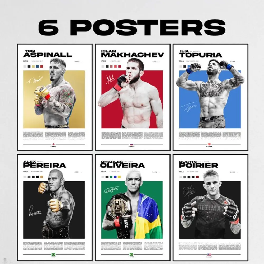 Artistic UFC Legends Poster Print Set - Frame-Style1 Wall Art Decor for Apartment Decorating, Room Decorations, Man Cave Decor, Home-Office Featuring Dustin Poirier, Islam Makhachev, Tom Aspinall, Charles Oliveira, Ilia Topria, Alex Pereira