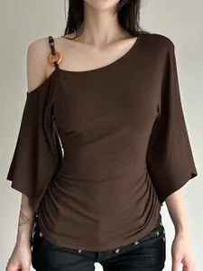 Women's Street Style Vintage Beaded Asymmetrical Batwing Sleeve Top, Fitted Waist Retro Shirt for Spring & Fall Casual Wear