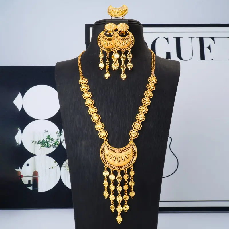 Elegant Fashion Jewelry Set - 3-Piece Gold-Plated Drop Coin Necklace, Earrings, Ring Set with Tassel Flowers, Floral Motif for Dubai Bridal, Daily Wear Costume Jewelry Chain, Elegant Jewelry Set