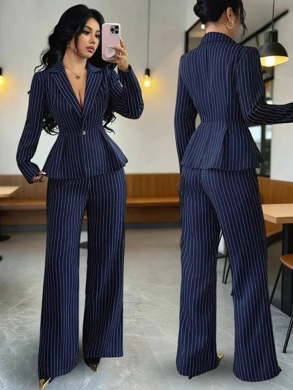 Women's Suit Set,Navy Blue And White Striped Waist-Cinched Blazer Jacket & Straight Leg Pants Two Pieces Set,Autumn Office Business Casual Fashion