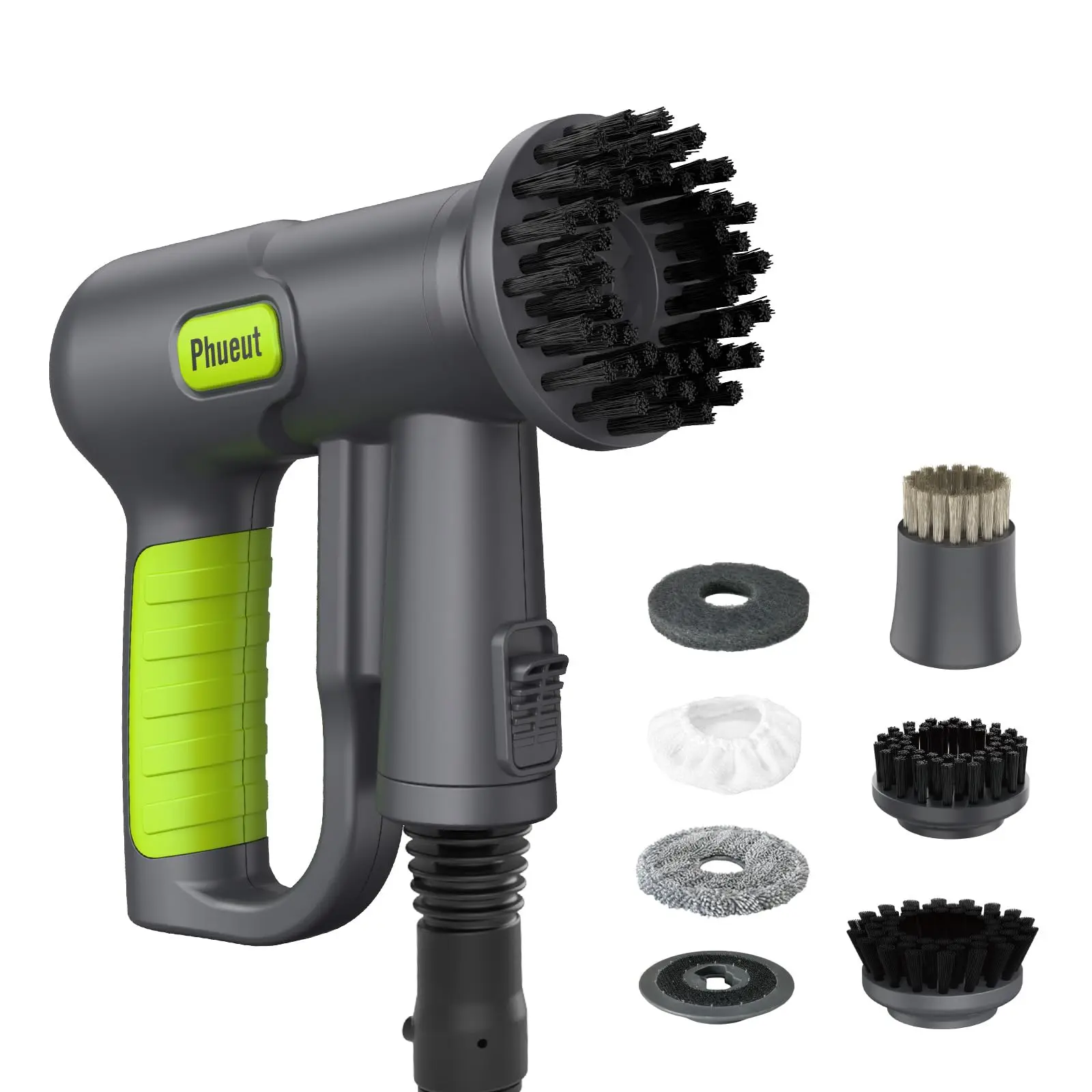 Phueut WHL-603 Cordless Power Scrubber - 10-in-1 Wireless Fast-Charging Electric Cleaning Tool, 2X Higher Efficiency Grill Brush, 2500mAh Long Runtime, 9 Brush Heads, Microfiber Pads, Dual Speed Settings