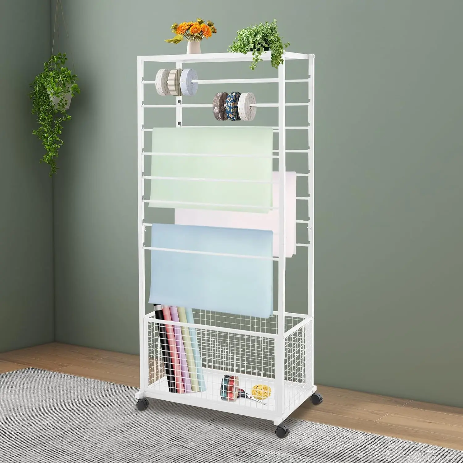 Modern White Adjustable Metal Ribbon Holder Organizer Rack - 16-Tier Double-Sided Standing Shelf with Wheels, Multifunctional Ribbon Storage for Craft Room, Fabric Shop, Baking Supplies, Adjustable Standing Shelf, Flower Shop