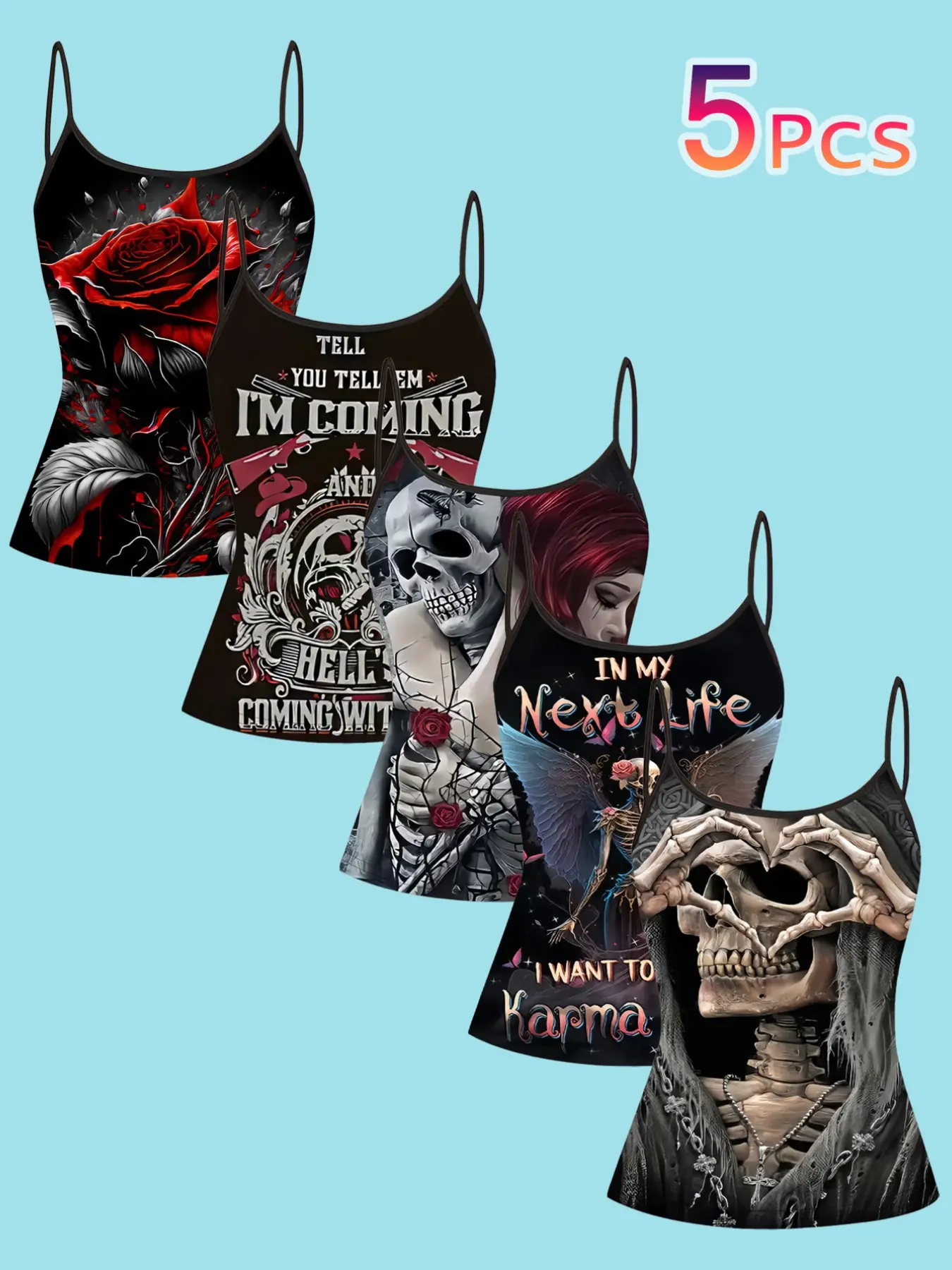 Women's Dark Gothic Style Strapless Top Set, Slim Fit Casual Wear, All-Season Clothing, Perfect for Daily & Trendy Looks, Print, Fashion, Spaghetti Strap