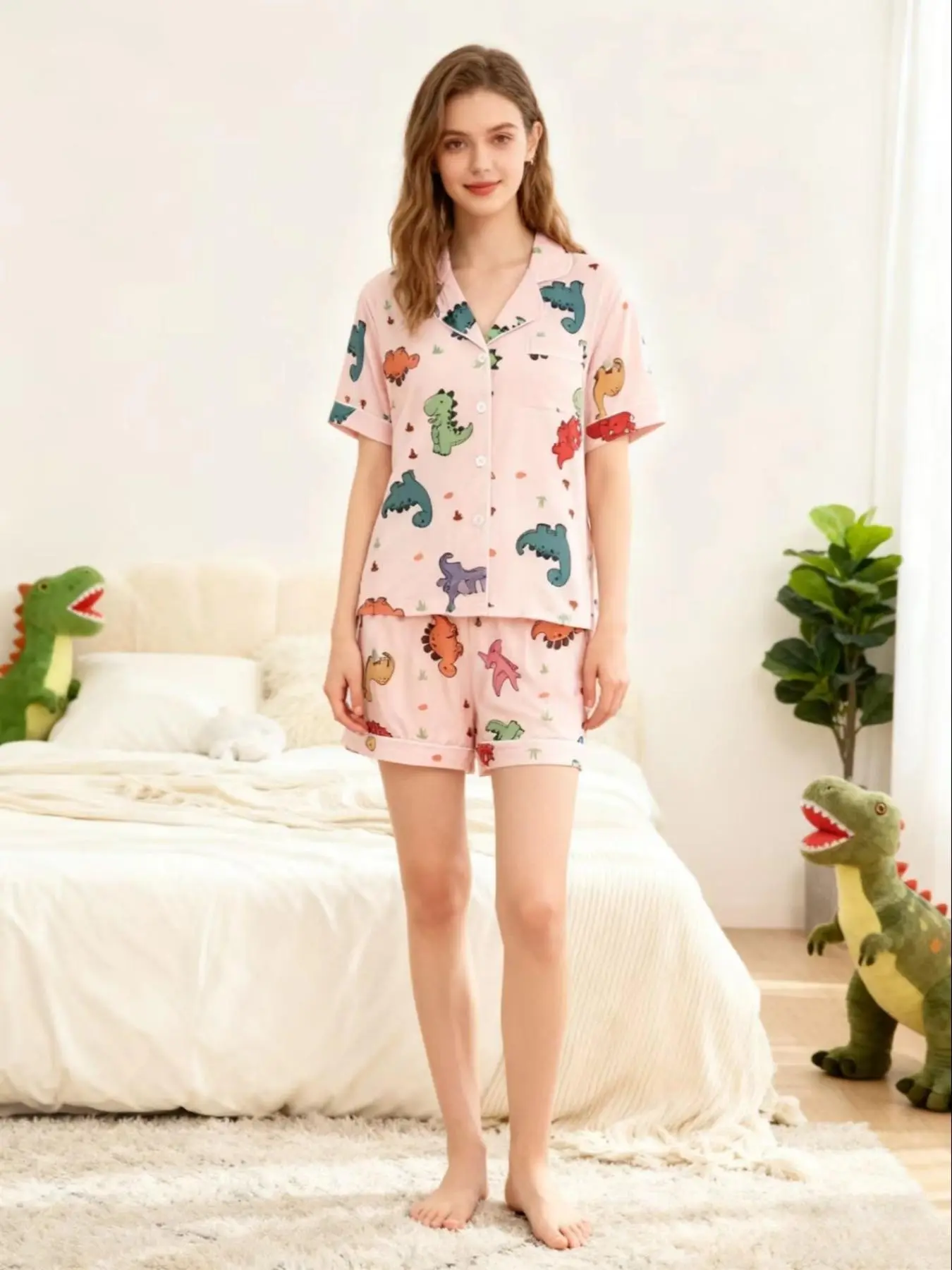 Women's Cute Animal Pattern Pajama Set Pyjamas, Soft Comfortable Nightwear Cartoon Dinosaur Print Casual Everyday Clothing, Ladies Homewear Pjs