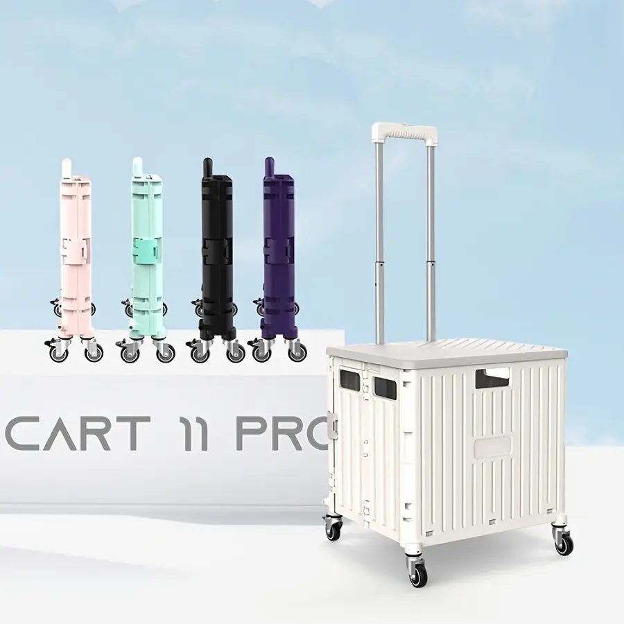 1 foldable portable handcart, 45L foldable handcart, portable small trailer, detachable plastic travel storage box, outdoor handcart with 4 swivel wheels and lid, mobile storage box for camping, shopping, and picnicking