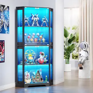 BROTTAR Display Cabinet with Glass Doors, 65" Lighted Curio Cabinet with 3 Color Lights for Collectibles, Toys, 4-Tier Corner Display Case with Human Body Sensor for Living Room,  Led Lighting,Large Storage Capacity ,Black