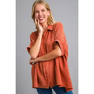 Umgee Full Size Cotton Gauze Mineral Wash Button Down Shirt Plus Size