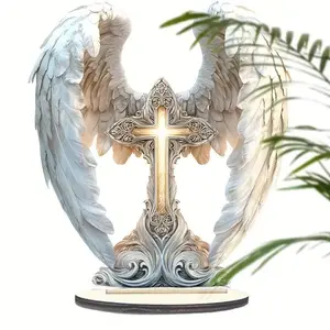 Angel Wing Design Cross Decoration, Bohemian Style Wooden Cross Decor, Home Office Desktop Ornament, Room Decoration, Fashion Religious Decor