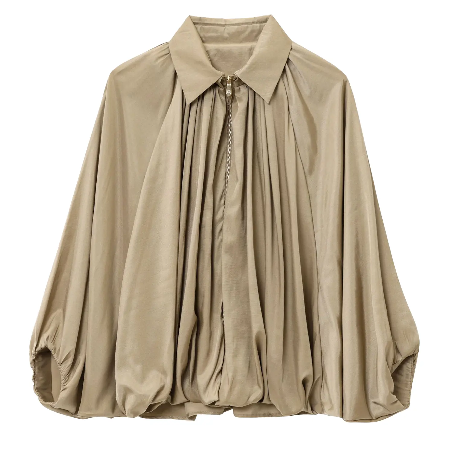 Hixiaohe Women's Chic Puffed Bomber Jacket, Lightweight Pleated Coat with Batwing Sleeves and Zip Up for Everyday, Tops, Coats