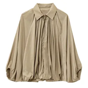 Hixiaohe Womens Puffed Bomber Jacket Casual Batwing Sleeve Lapel Collar Zip Shirts Oversized Pleated Streetwear Jackets