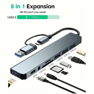 Multi-Functional USB Hub 8-in-1 with USB-C USB-A USB-B Ports TF SD Card Reader 3.5mm Audio Output USB 3.0 5Gbps Durable Build Quality Modern Design for Computer Data Transfer and Portable Expansion
