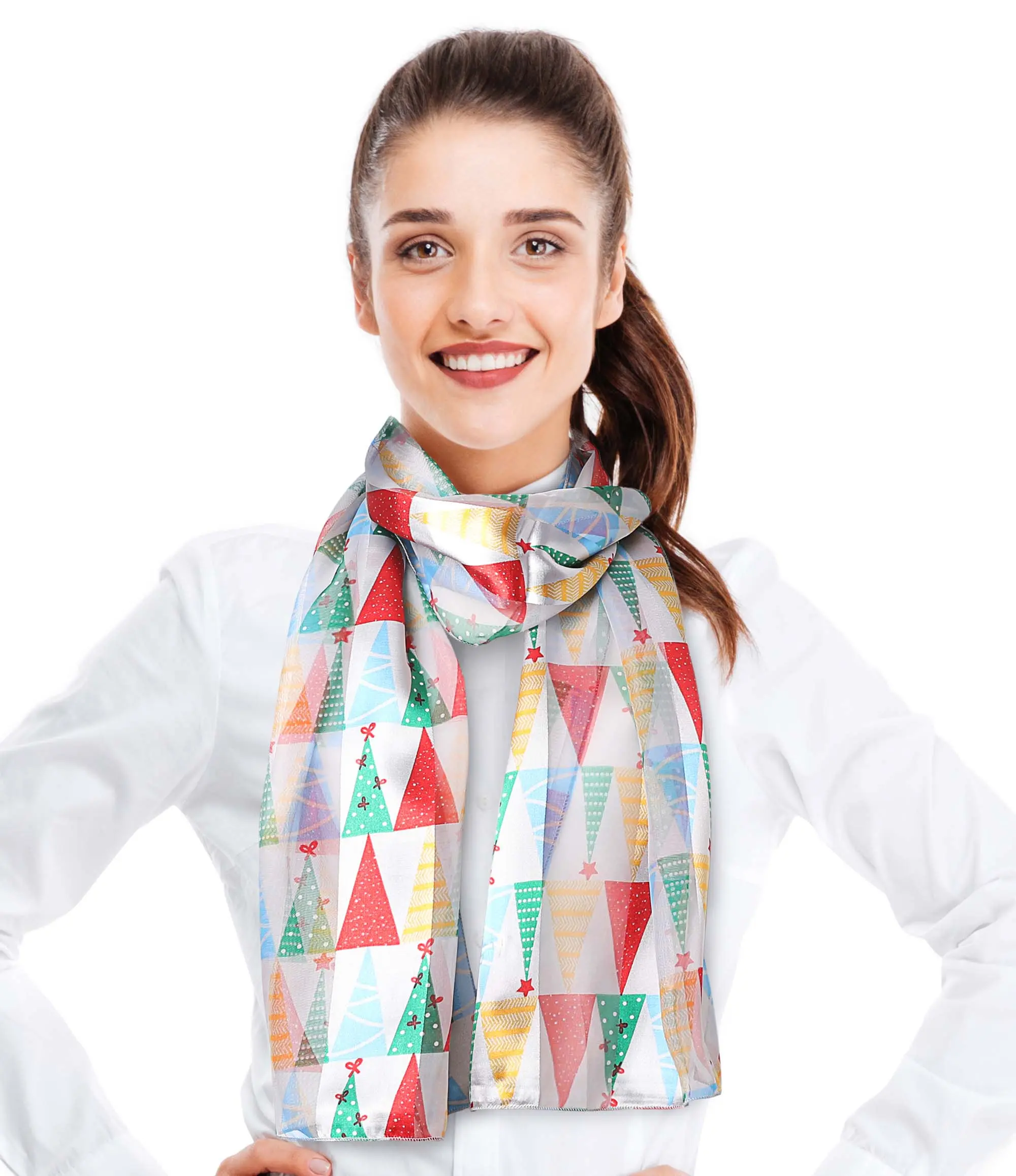 CBC Crown Women's Lightweight Christmas Scarf - Silver, Silk-Feeling Fabric, Festive Tree Print, Female