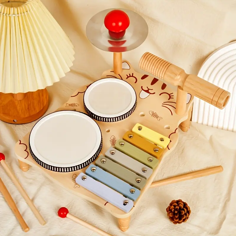 Toddler Wooden Drum Set - Natural Percussion Music Instrument, Sensory Learning Educational Toy, Promotes Creativity, Unisex Children's Birthday Gift