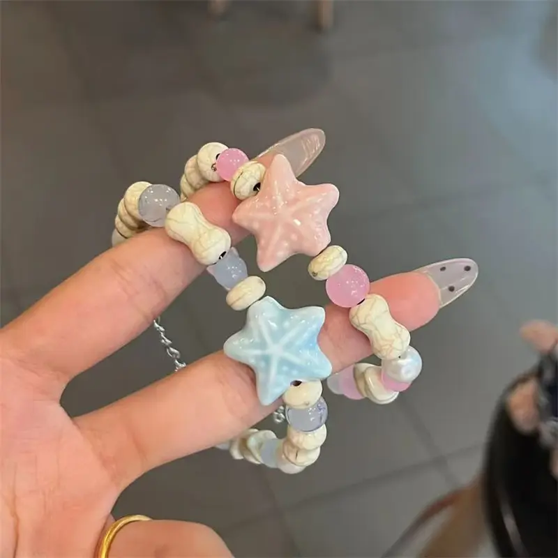 Korean Sweet Ceramic Starfish Bracelets for Women Girls Handmade Pink Blue Beaded Bracelet Aesthetic Y2K Jewelry Friendship Gift
