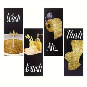 4 Artistic women's bathroom wall art decorations, black and white with gold accents, flat printing thickness of 0.11in, wall decoration crafts, suitable for multifunctional wall hanging in the bathroom, Home decor supplies