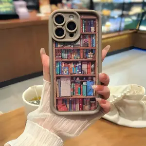 Cartoon Bookshelf Pattern TPU Phone Case foriPhone 16 15 14 Pro Max 13 12 11 XR XS PlusShockproof Non Slip Military-Grade ProtectiveSilicone Cover Coffee-Brown Color book  phone  case Protection Cellphone