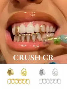 CRUSH CR 18K Gold Plated Open Face Half Grillz Single Tooth Caps Set Hollow-Out Design in Gold Silver Options Perfect for Hip Hop Concerts Club Nights Edgy Streetwear Fits Ideal for Rappers Trendsetters Looking for a Versatile Breathable Dental Accessory