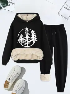 Women's Christmas Hoodie Sweatshirt Set, Womenswear, Fitted Casual Style, Long Sleeve, Thick Kint Fabric, Fall & Winter Wear, Two-Piece