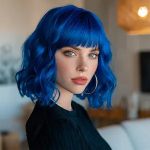 SMILCO/14Inch Royal Blue Short Wavy with Bangs Synthetic Wig/SM446
