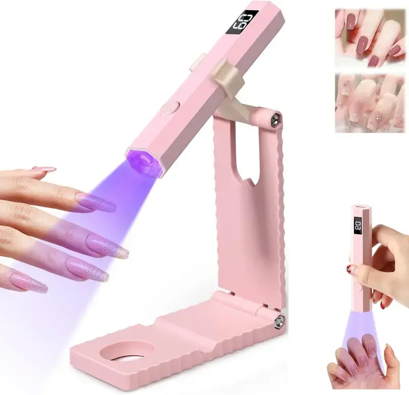 Cordless UV Nail Light with Stand,Portable Led Lamp with LCD Display,with 2 Timer Settings 20/60s,Rechargeable USB Nail Dryer,for Gel Polish Home DIY Salon Use Women,Pink