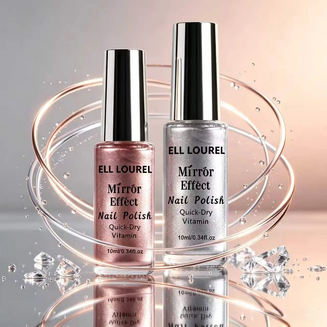ELL LOUREL Mirror Effect Metallic Nail Polish 2PCS Set, Rose Champagne & Shiny Silver Reflective Mirror Nail Varnish, Vitamin Infused Quick Dry Long Lasting Salon DIY Nail Lacquer 10ml Each