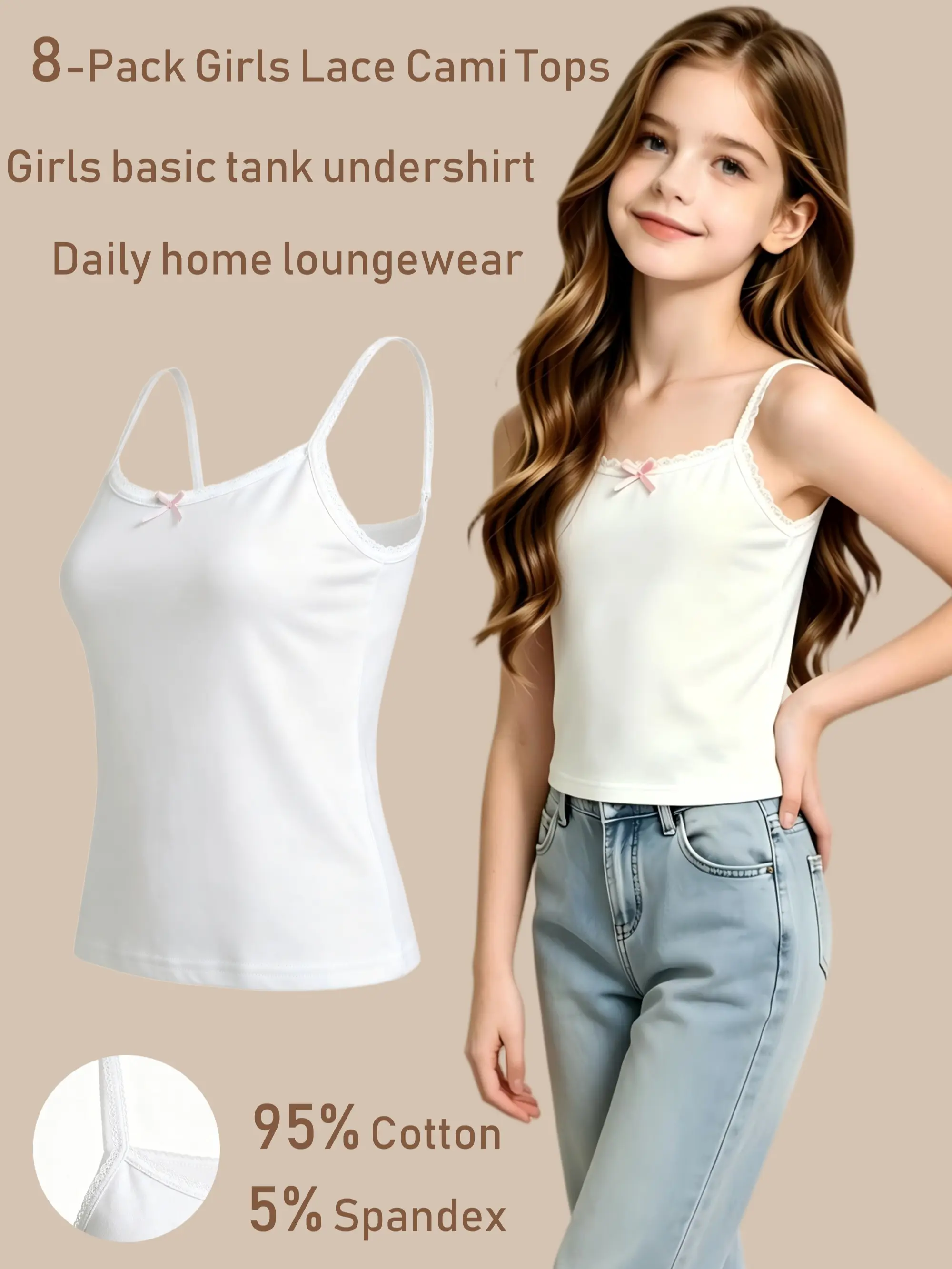 Girls 8 Pack 95% Cotton Solid White Spaghetti Strap Camis, Lace Bow Kids Layering Undershirts Size 100-150 Inner Tank Everyday Wear Underwear Knit Fabric Underwear Junior