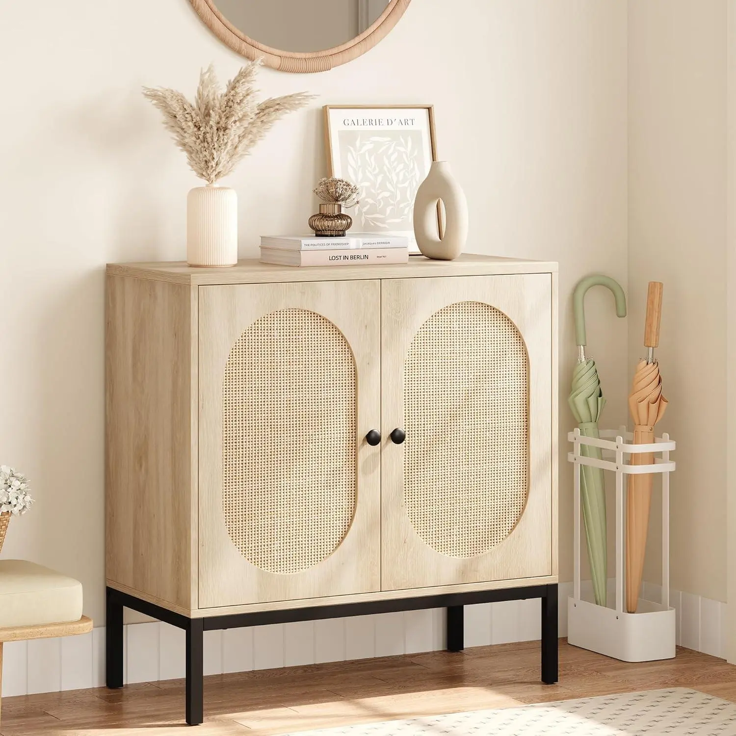 2-Tier Rattan Modern Storage Cabinet - Sideboard with Storage, Display Cabinet Dining Room Furniture, 12.4" Shelf Spacing, Furniture for Living Room & Entryway